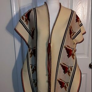 Open Front Knit Poncho Kimono w/ Bird Deta…